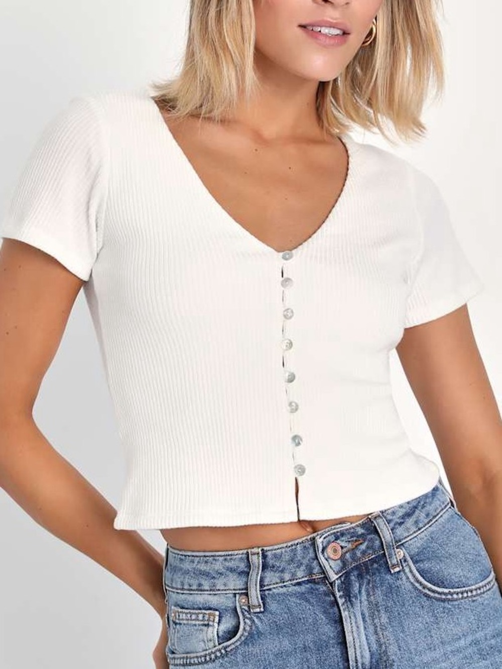 Lulus My Everyday Best White Ribbed Button Front Shirt Sleeve Top Size S NWT